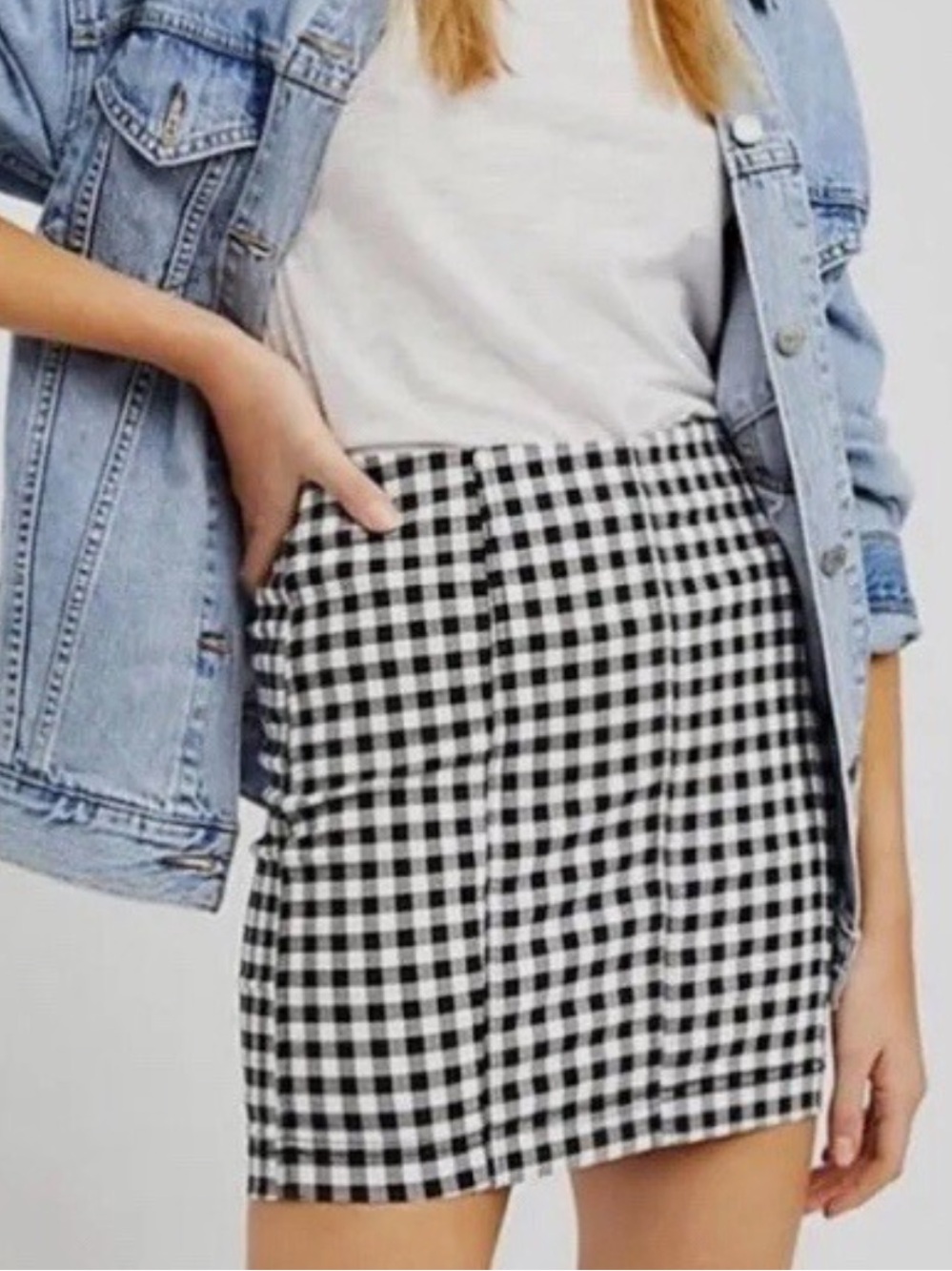 Free People Black and White Gingham Plain Mini Skirt